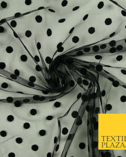 Black 1cm Polka Dot Spotted Flocked Power Mesh Net Stretch Dress Fabric 58" 7072