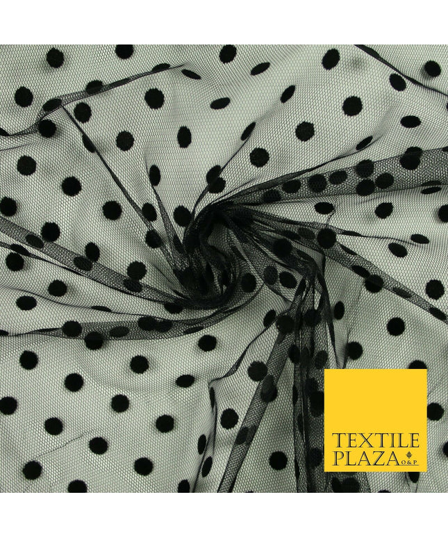Black 1cm Polka Dot Spotted Flocked Power Mesh Net Stretch Dress Fabric 58" 7072