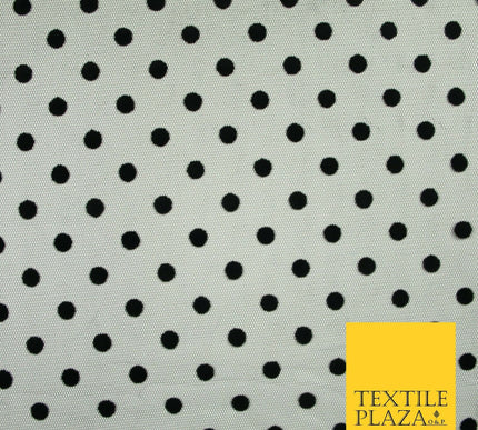 Black 1cm Polka Dot Spotted Flocked Power Mesh Net Stretch Dress Fabric 58" 7072
