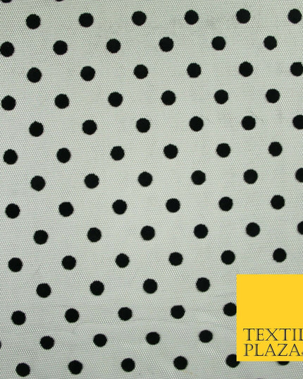 Black 1cm Polka Dot Spotted Flocked Power Mesh Net Stretch Dress Fabric 58" 7072