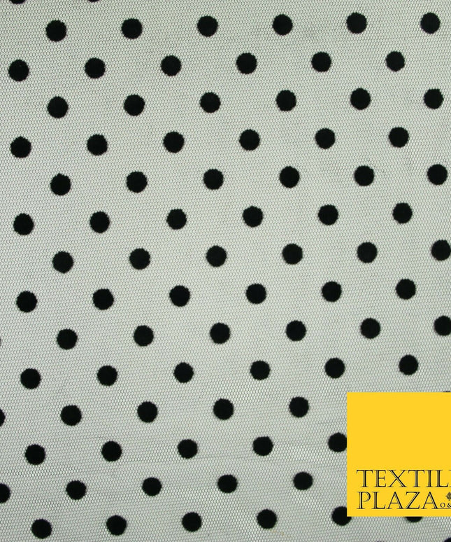 Black 1cm Polka Dot Spotted Flocked Power Mesh Net Stretch Dress Fabric 58" 7072