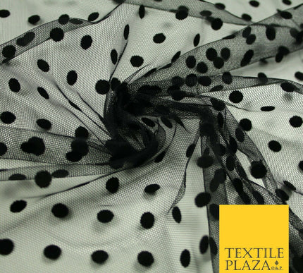 Black 1cm Polka Dot Spotted Flocked Power Mesh Net Stretch Dress Fabric 58" 7072