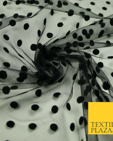 Black 1cm Polka Dot Spotted Flocked Power Mesh Net Stretch Dress Fabric 58" 7072