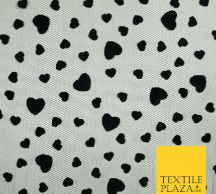 Black Confetti Love Hearts Flocked Mesh Net Stretch Dress Fabric 58" 7073