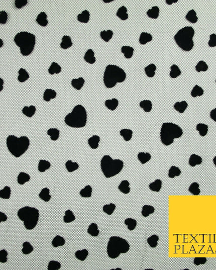 Black Confetti Love Hearts Flocked Mesh Net Stretch Dress Fabric 58" 7073