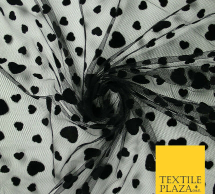 Black Confetti Love Hearts Flocked Mesh Net Stretch Dress Fabric 58" 7073