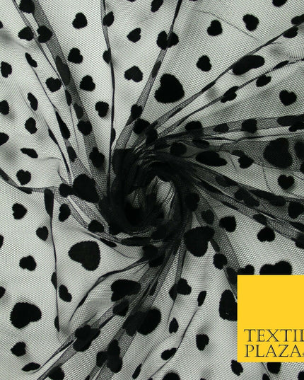 Black Confetti Love Hearts Flocked Mesh Net Stretch Dress Fabric 58" 7073