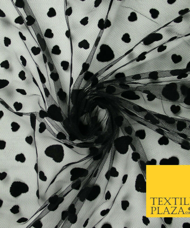 Black Confetti Love Hearts Flocked Mesh Net Stretch Dress Fabric 58" 7073