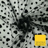 Black Confetti Love Hearts Flocked Mesh Net Stretch Dress Fabric 58" 7073