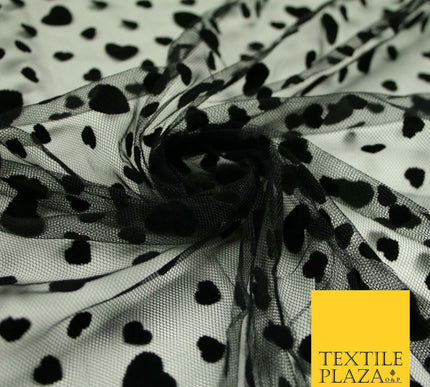 Black Confetti Love Hearts Flocked Mesh Net Stretch Dress Fabric 58" 7073
