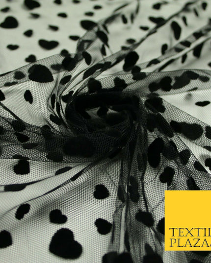 Black Confetti Love Hearts Flocked Mesh Net Stretch Dress Fabric 58" 7073