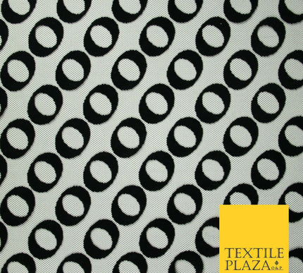 Black Hoops Rings Circles Flocked Mesh Net Dress Fabric Material 58" Wide 7075