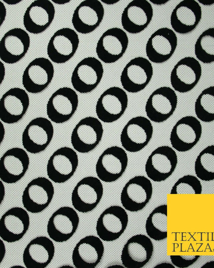 Black Hoops Rings Circles Flocked Mesh Net Dress Fabric Material 58" Wide 7075