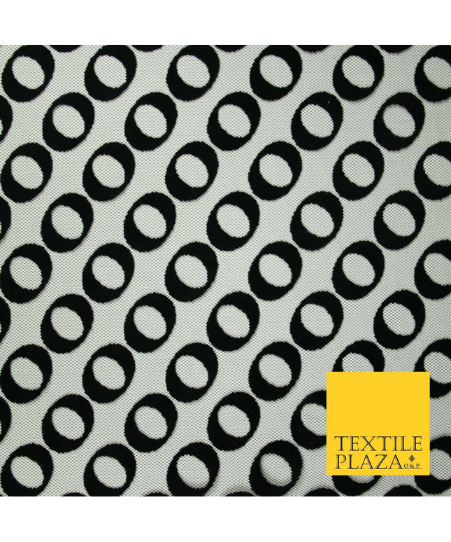 Black Hoops Rings Circles Flocked Mesh Net Dress Fabric Material 58" Wide 7075