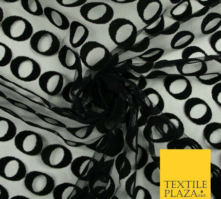 Black Hoops Rings Circles Flocked Mesh Net Dress Fabric Material 58" Wide 7075