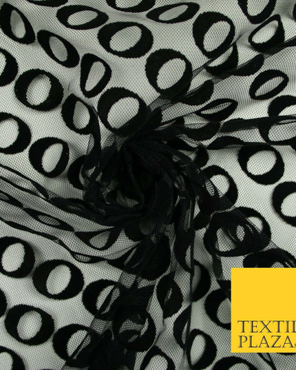 Black Hoops Rings Circles Flocked Mesh Net Dress Fabric Material 58" Wide 7075