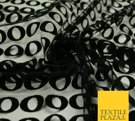 Black Hoops Rings Circles Flocked Mesh Net Dress Fabric Material 58" Wide 7075