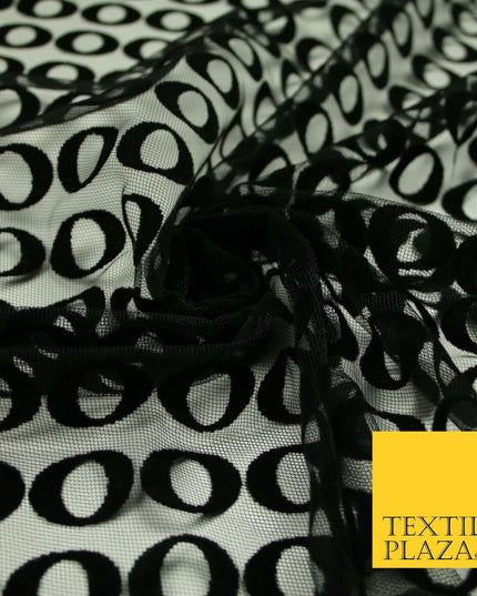 Black Hoops Rings Circles Flocked Mesh Net Dress Fabric Material 58" Wide 7075