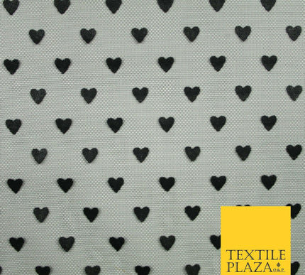 Black Valentine Love Hearts Flocked Power Mesh Net Stretch Dress Fabric 58" 7074