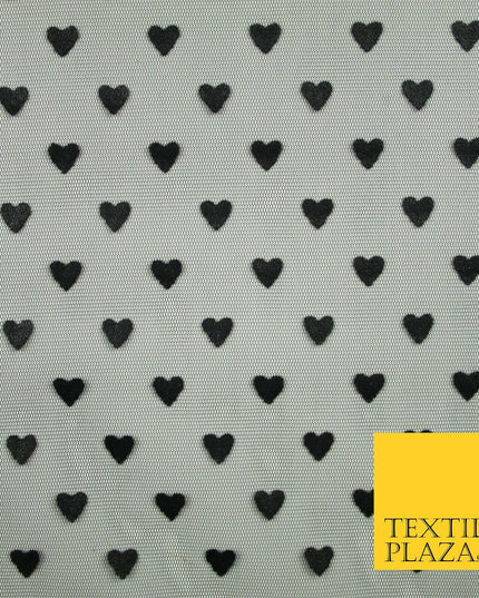 Black Valentine Love Hearts Flocked Power Mesh Net Stretch Dress Fabric 58" 7074