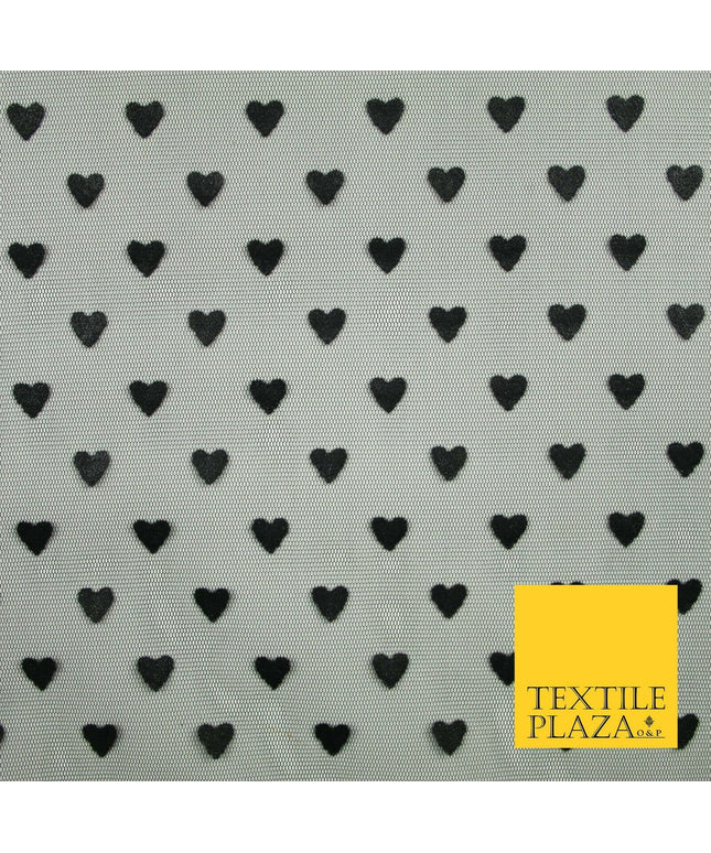 Black Valentine Love Hearts Flocked Power Mesh Net Stretch Dress Fabric 58" 7074