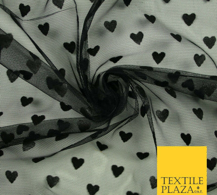 Black Valentine Love Hearts Flocked Power Mesh Net Stretch Dress Fabric 58" 7074