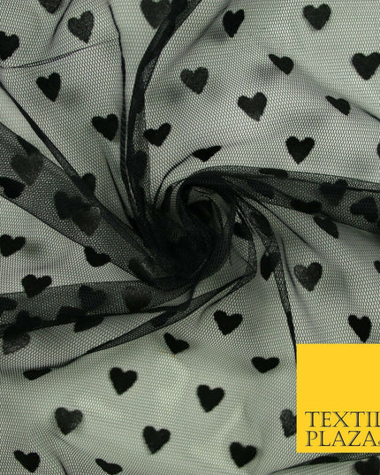 Black Valentine Love Hearts Flocked Power Mesh Net Stretch Dress Fabric 58" 7074