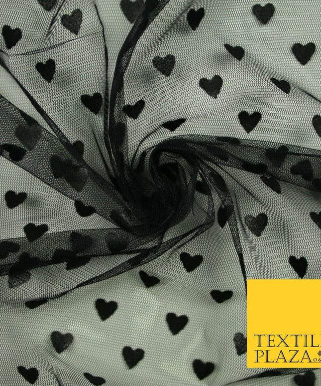 Black Valentine Love Hearts Flocked Power Mesh Net Stretch Dress Fabric 58" 7074