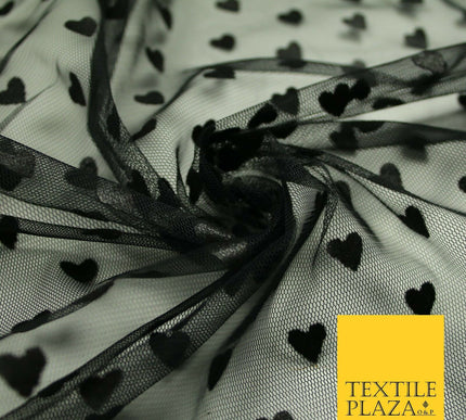Black Valentine Love Hearts Flocked Power Mesh Net Stretch Dress Fabric 58" 7074