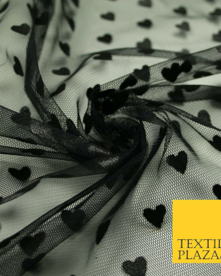 Black Valentine Love Hearts Flocked Power Mesh Net Stretch Dress Fabric 58" 7074