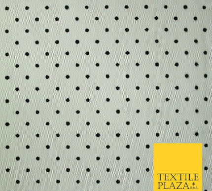 Black 5mm Polka Dot Spotted Flocked Power Mesh Net Stretch Dress Fabric 58" 7070