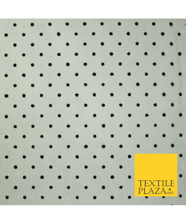 Black 5mm Polka Dot Spotted Flocked Power Mesh Net Stretch Dress Fabric 58" 7070