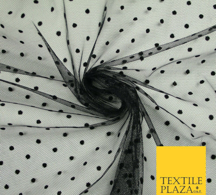 Black 5mm Polka Dot Spotted Flocked Power Mesh Net Stretch Dress Fabric 58" 7070