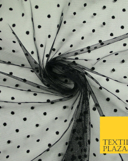 Black 5mm Polka Dot Spotted Flocked Power Mesh Net Stretch Dress Fabric 58" 7070