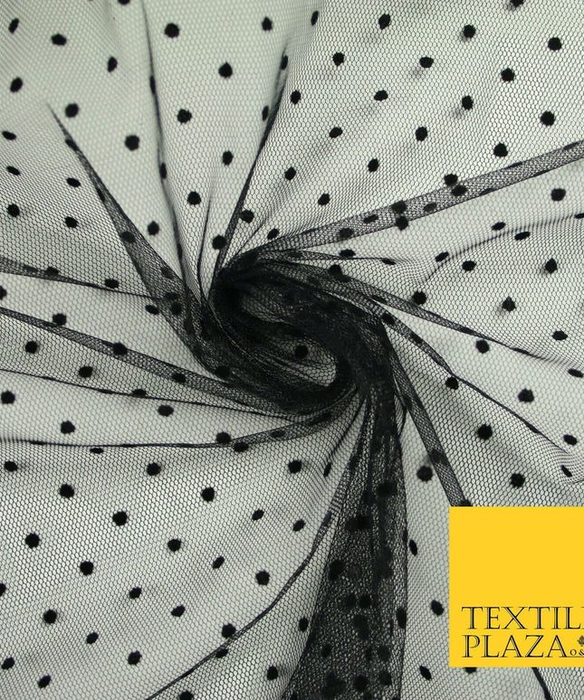 Black 5mm Polka Dot Spotted Flocked Power Mesh Net Stretch Dress Fabric 58" 7070