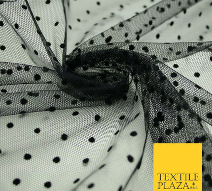 Black 5mm Polka Dot Spotted Flocked Power Mesh Net Stretch Dress Fabric 58" 7070
