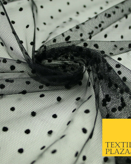 Black 5mm Polka Dot Spotted Flocked Power Mesh Net Stretch Dress Fabric 58" 7070