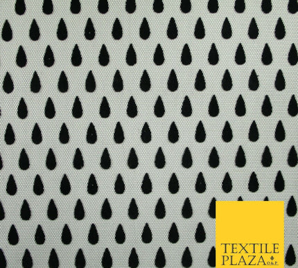 Black Falling Teardrops Flocked Power Mesh Net Stretch Dress Fabric 58" 7069