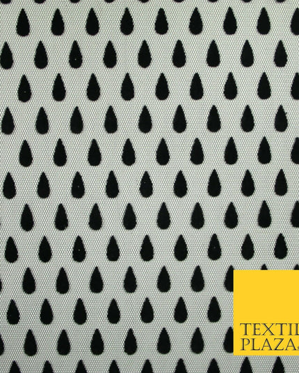 Black Falling Teardrops Flocked Power Mesh Net Stretch Dress Fabric 58" 7069