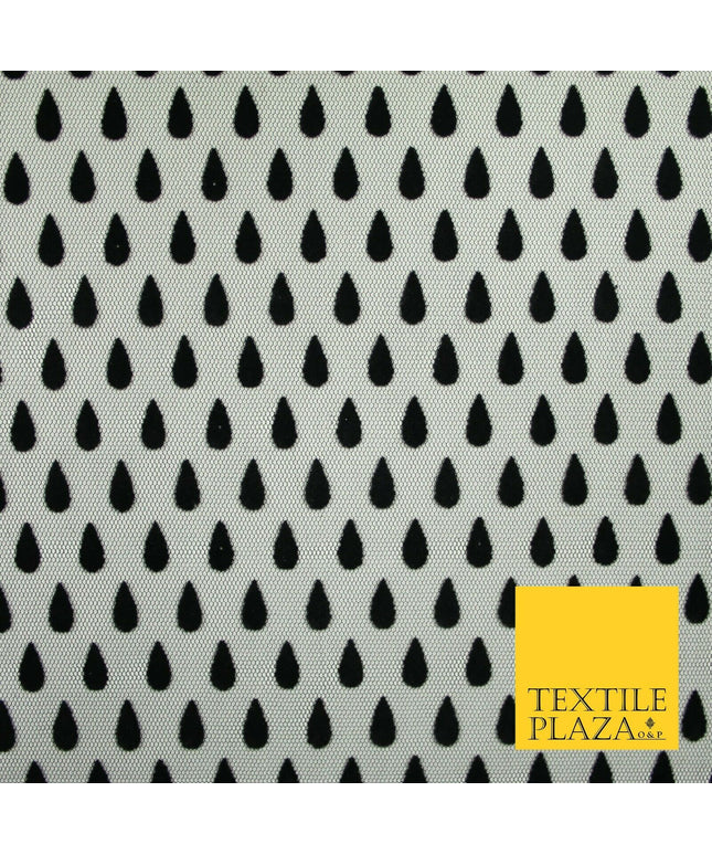 Black Falling Teardrops Flocked Power Mesh Net Stretch Dress Fabric 58" 7069