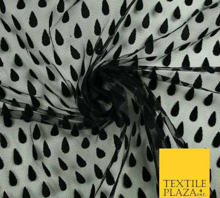 Black Falling Teardrops Flocked Power Mesh Net Stretch Dress Fabric 58" 7069