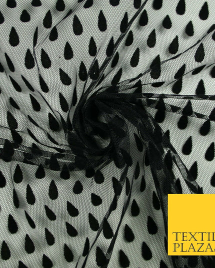 Black Falling Teardrops Flocked Power Mesh Net Stretch Dress Fabric 58" 7069