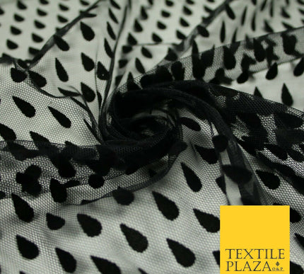 Black Falling Teardrops Flocked Power Mesh Net Stretch Dress Fabric 58" 7069