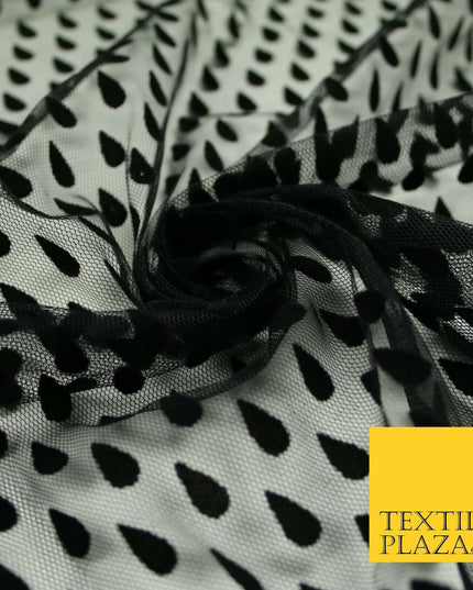 Black Falling Teardrops Flocked Power Mesh Net Stretch Dress Fabric 58" 7069