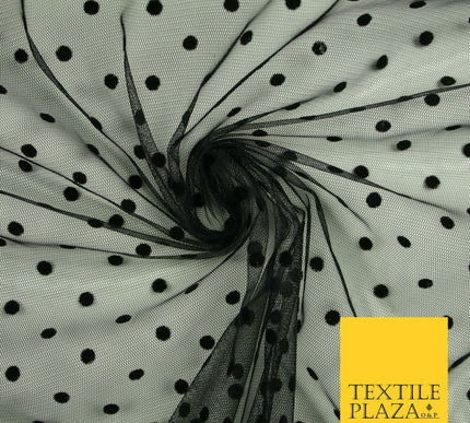 Black 6mm Polka Dot Spotted Flocked Power Mesh Net Stretch Dress Fabric 58" 7071