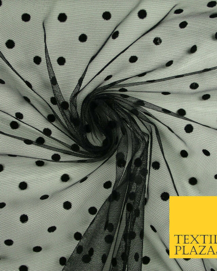 Black 6mm Polka Dot Spotted Flocked Power Mesh Net Stretch Dress Fabric 58" 7071