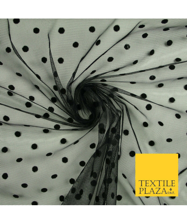 Black 6mm Polka Dot Spotted Flocked Power Mesh Net Stretch Dress Fabric 58" 7071
