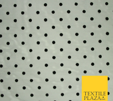 Black 6mm Polka Dot Spotted Flocked Power Mesh Net Stretch Dress Fabric 58" 7071