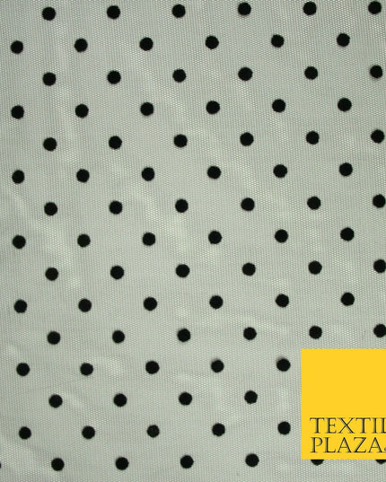 Black 6mm Polka Dot Spotted Flocked Power Mesh Net Stretch Dress Fabric 58" 7071