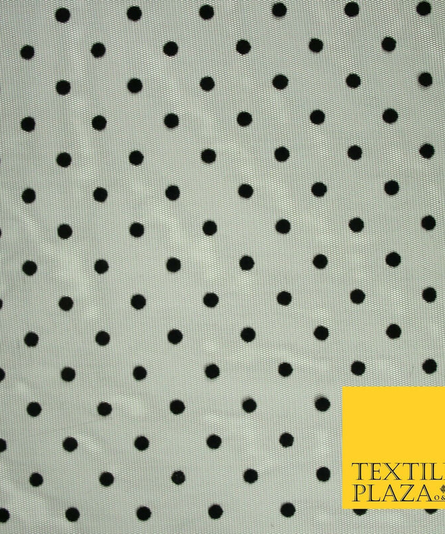 Black 6mm Polka Dot Spotted Flocked Power Mesh Net Stretch Dress Fabric 58" 7071